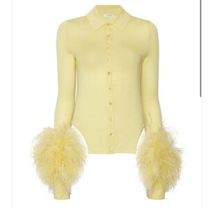 Lapointe Yellow Ostrich Feather Trimmed Wool Blend Cardigan Sz 6